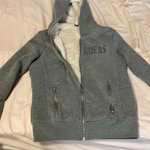 Guess Fur-lined Sherpa Grey Hoodie with Zipper Pockets